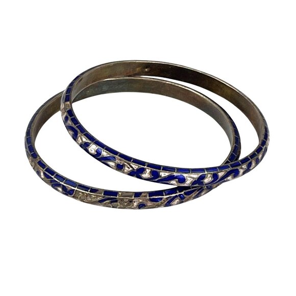 Vintage Blue & Silver Cloisonne Floral Pattern Bangles Set Of 2 Small Wrist - Picture 3 of 6